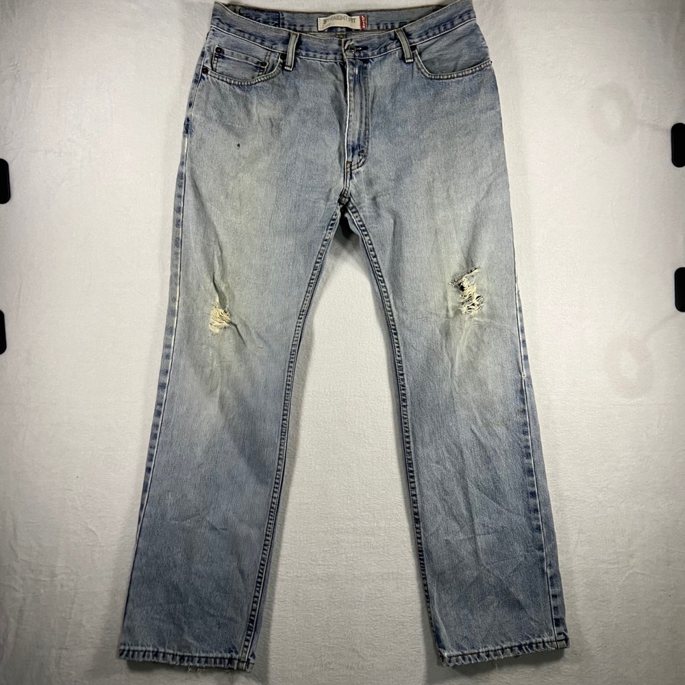 Levi's 505 Mens 34x31 Straight Fit Light Wash Distressed Denim‎ Jeans